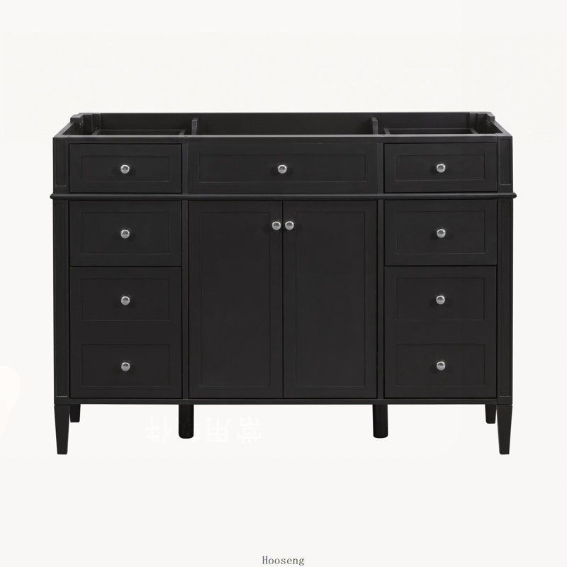 Base de meuble-lavabo autoportant 48 po seulement, base en bois aggloméré avec 6 tiroirs et 2 portes, charnières à fermeture en douceur, poignées en métal argenté, noir