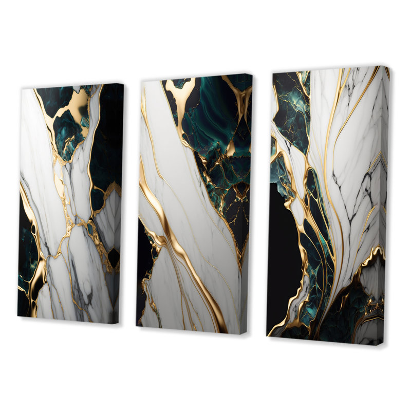 «Gold Green Geode», ensemble de 3 toiles - Géode abstraite dorée et marbre vert, Toile tendue, H 40 po x l 60 po