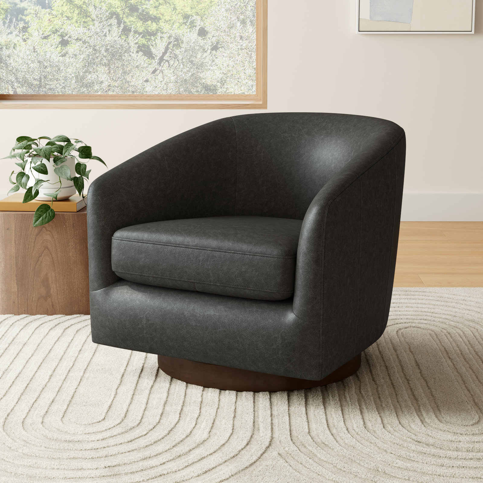Bennett Genuine Leather Swivel Barrel Chair, Marseille Black Top Grain Leather