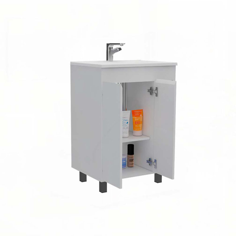 Meuble-lavabo 24 po Meka, deux tablettes extérieures, armoire à deux portes - blanc