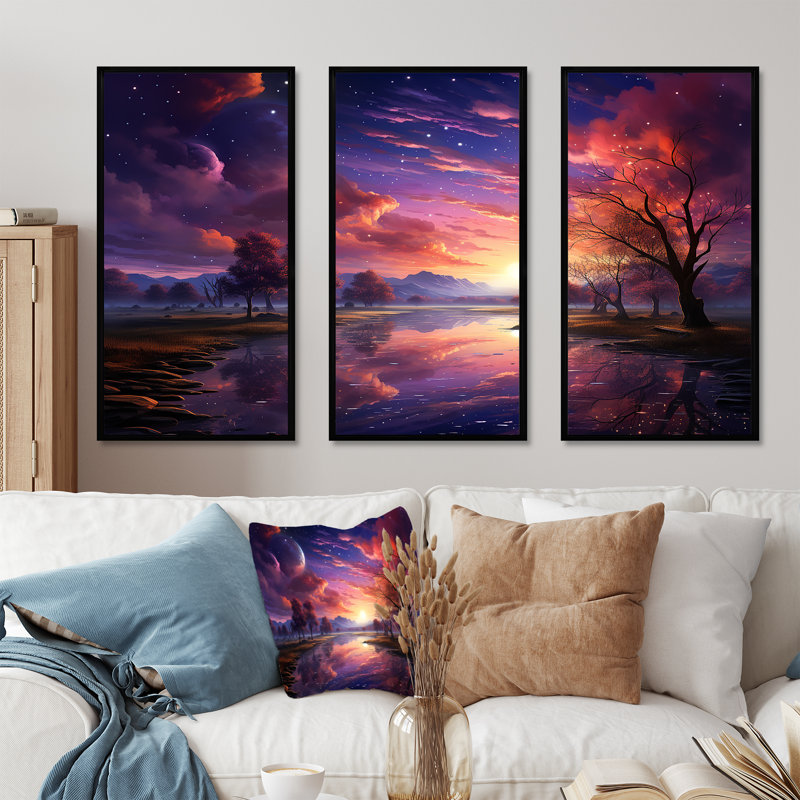 «Pink Moon Sunrise Space Landscape I», art mural abstrait, H 28 po x l 36 po x P 1 po, Cadre flottant noir