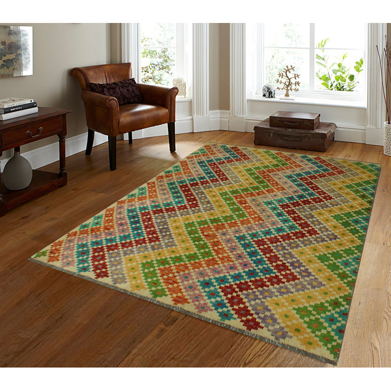 Tapis vert / rouge / jaune en laine noué à la main de conception unique 4 pi 9 po x 6 pi 5 po Janaan