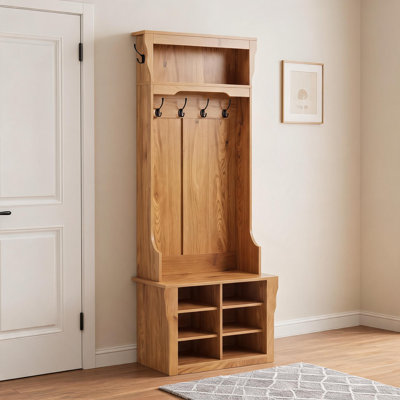 Hall Tree Bench & Shoe Storage & 6 Cubbies, 7-in-1 Entryway Coat Rack Smart LED Lights, Oak, 70"