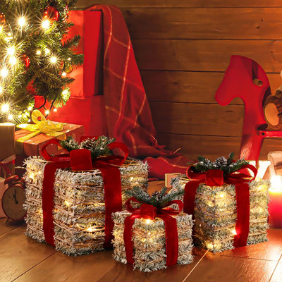 3-Piece Tinsel Giftbox Holiday Decoration Set with Battery Operated Lights