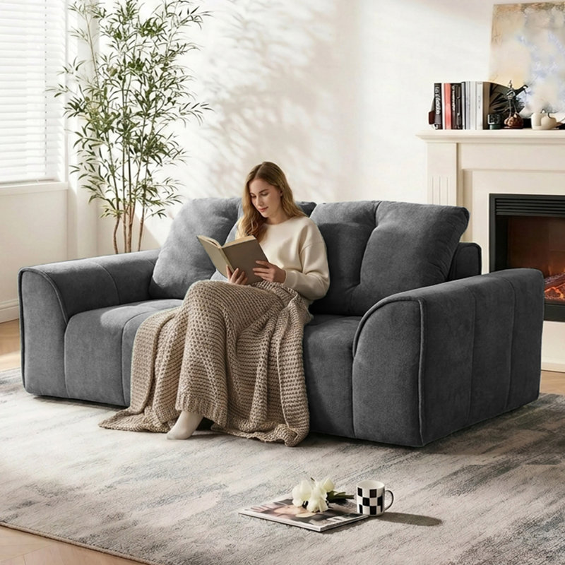 Canapé 2 places moderne en chenille de 175 cm (69 po), garni de mousse à mémoire de forme et de ressorts ensachés, comprimé sous vide, aucun assemblage requis