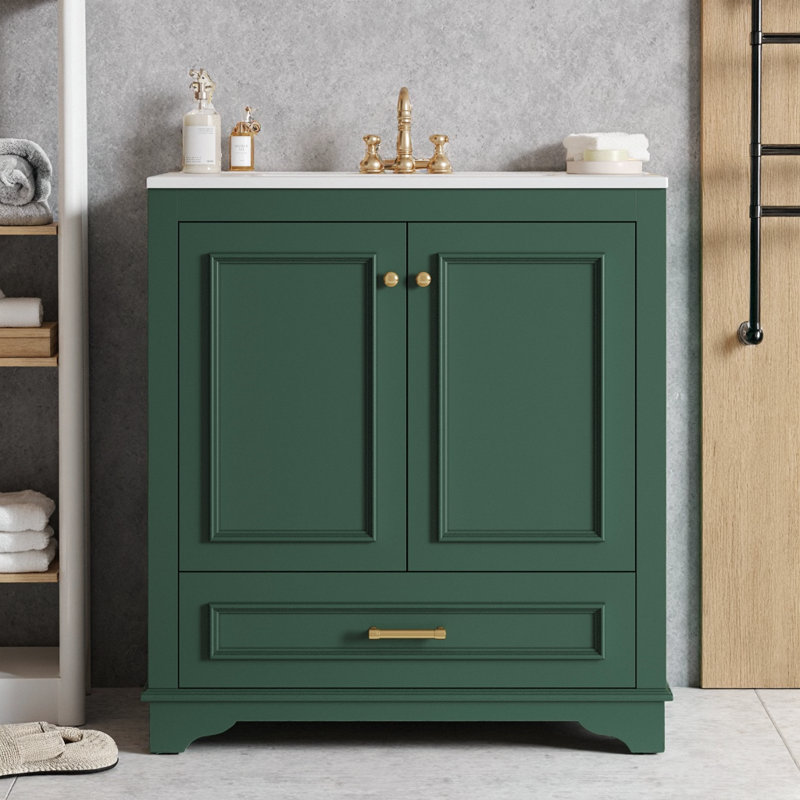 Meuble-lavabo moderne avec lavabo en céramique, portes à fermeture douce et rangement réglable, Vert
