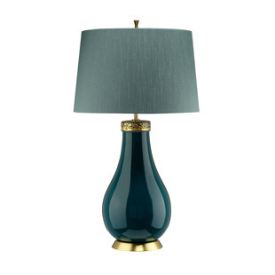 Meg Braff Brass Table Lamp With Scalloped Sky Blue Shade