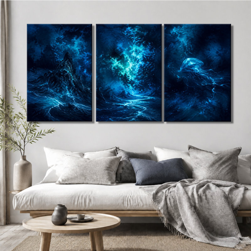Tableau en trois panneaux, motif vague océanique bleu foncé et méduse de montagne, impression sur toile tendue