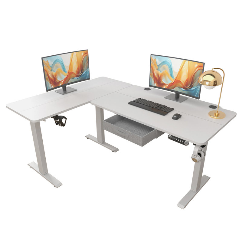 Becali 63'' L-Shaped Height Adjustable Standing Desk With A Drawer, White