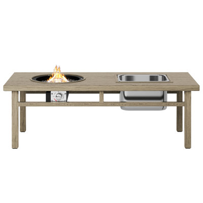 Table basse Beige 31 avec seau à glace et foyer, fabrication artisanale en aluminium, capacité de 4,5 gallons pour boissons, prolonge la période de refroidissement, convient aux combinaisons de 6 à 8, comprend des roches volcaniques, un support de réservoir de propane, des couvercles, du gaz de 118 po