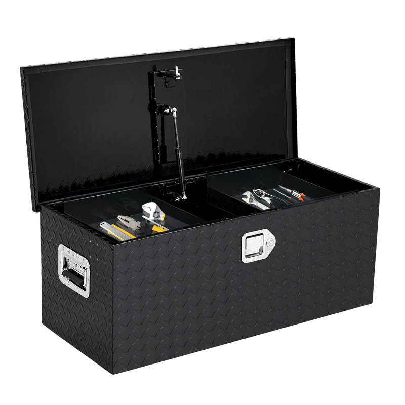 Boîte à outils en aluminium pour camion 36 pouces avec tablette coulissante, coffre de rangement imperméable verrouillable à plaque de diamant robuste, serrure sécurisée et clés pour camionnette de ramassage, noir