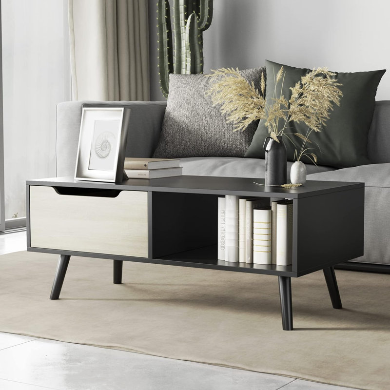George Oliver 39" Modern Coffee Table with Storage Drawer and Rubber Wood Legs, Black