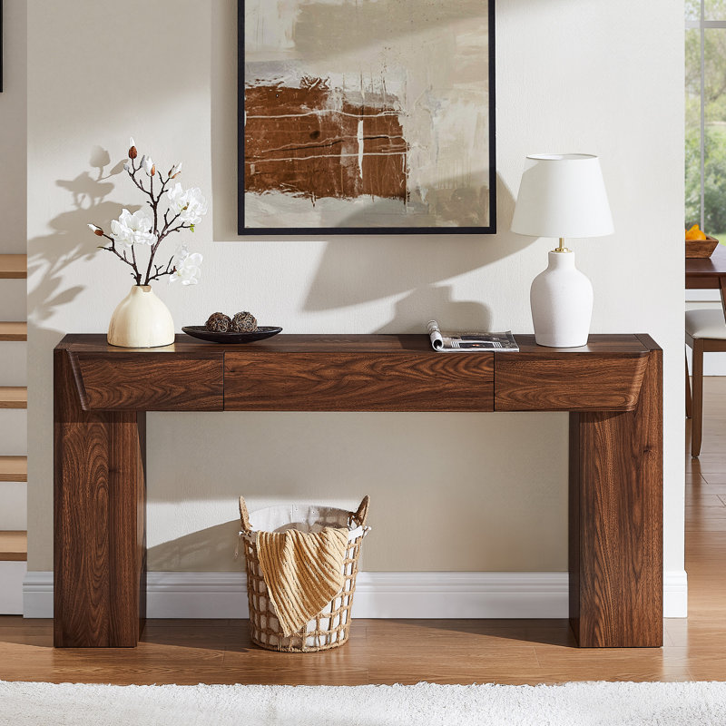 63'' Farmhouse Console Table With Drawer, Wood Sofa Table For Entryway Hallway Living Room, Brown