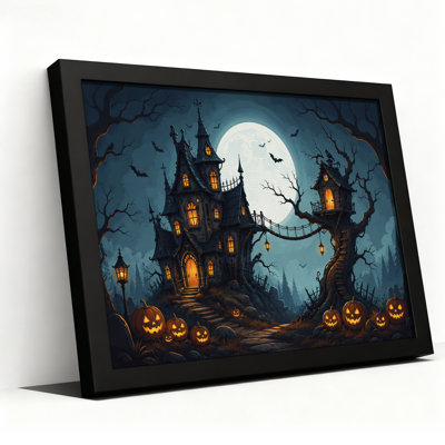 Haunted House And Treehouse With Pumpkins Under Halloween Canvas Wall Art