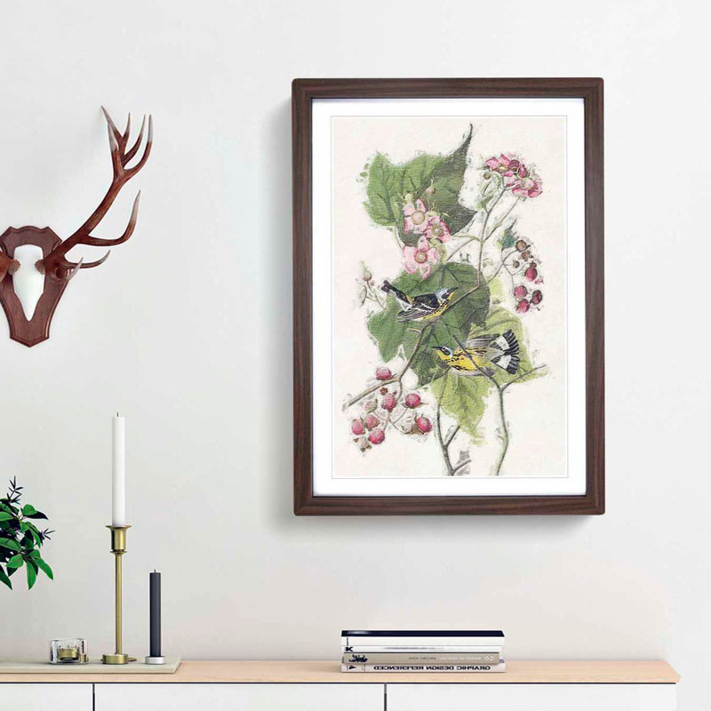 Black & Yellow Warbler Birds by John James Audubon - Picture Frame Painting Print, Walnut Framed, 65cm H x 48cm W x 2cm D