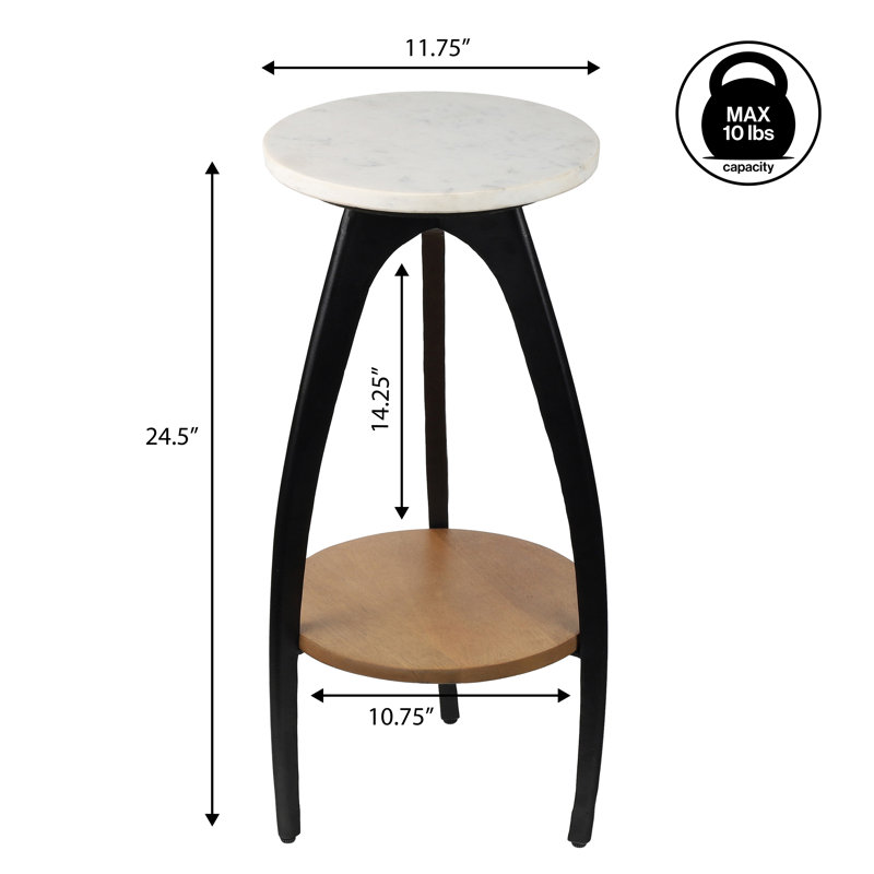 Ollie 24.5" Modern 2-Tier Round Drink Table, White Faux Marble Top, Natural Wood Shelf & Black Metal Arch Legs, Accent End Table