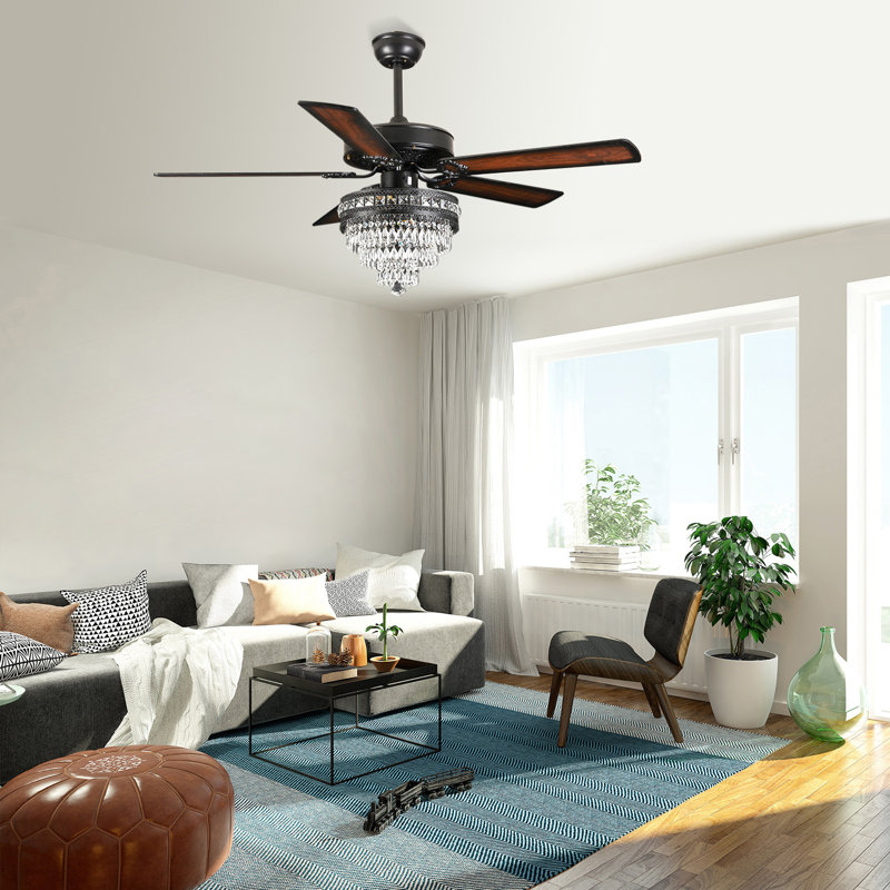 Ventilateur de plafond d'intérieur à 5 pales en cristal avec télécommande et lumière, 52, Noir