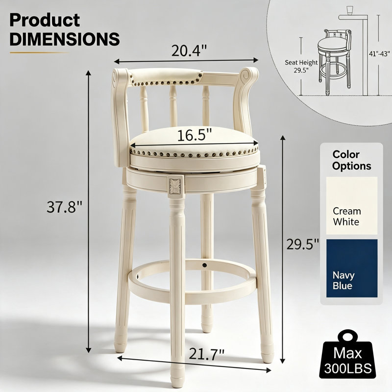 Tabouret de bar en bois massif, ensemble de 2 chaises de comptoir pivotantes en cuir ivoire avec repose-pieds pour salle à manger
