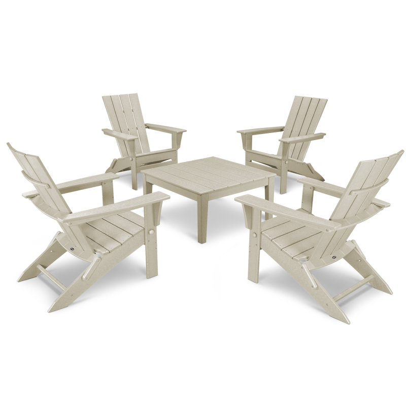 POLYWOOD Quattro Folding Chair 5-Piece Conversation Set, Sand
