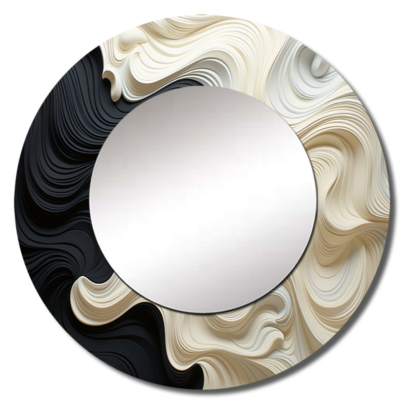 Noir blanc Opt Art Contrast Waves - miroir mural décoratif Op Art, miroir rond noir, 29 po x 29 po