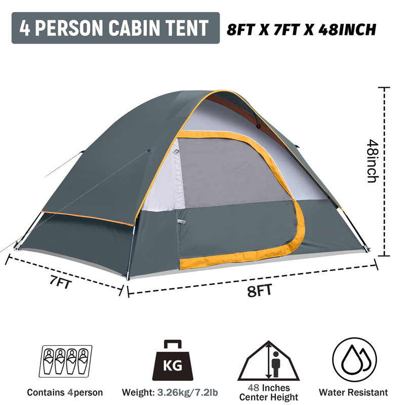 Camping Tent 4 Person, Waterproof Windproof Tent with Rainfly Easy Set up-Portable Dome Tents for Camping, Gray