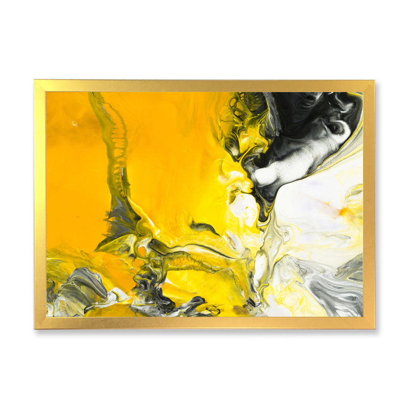 Jaune jaune, noir et blanc liquide, art - peinture sur toile, Cadre doré à coins fermés, H 24 po x l 32 po x P 1 po