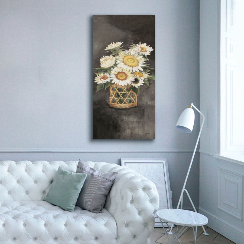 «Sunflowers In Rattan Black Panel» par Julia Purinton, art mural sur toile, H 60 po x l 30 po x P 1,5 po