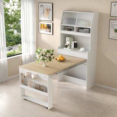 Buffet avec huche et table de salle à manger pliable, tablettes de rangement, crochets latéraux et armoire avec portes coulissantes