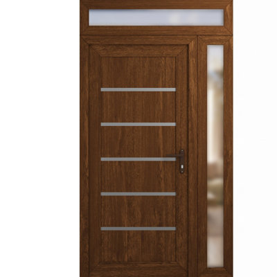 Porte d'entrée extérieure prémontée en PVC-U métallisé Manux 8415, couleur noyer, avec imposte et panneaux latéraux, pour bureaux, commerces et habitations. Convient à l'entrée, aux patios et aux garages. Dimensions : 48 x 94 po (L 32 + 16 po x H 80 + 14 po). Ouverture à gauche vers l'intérieur.