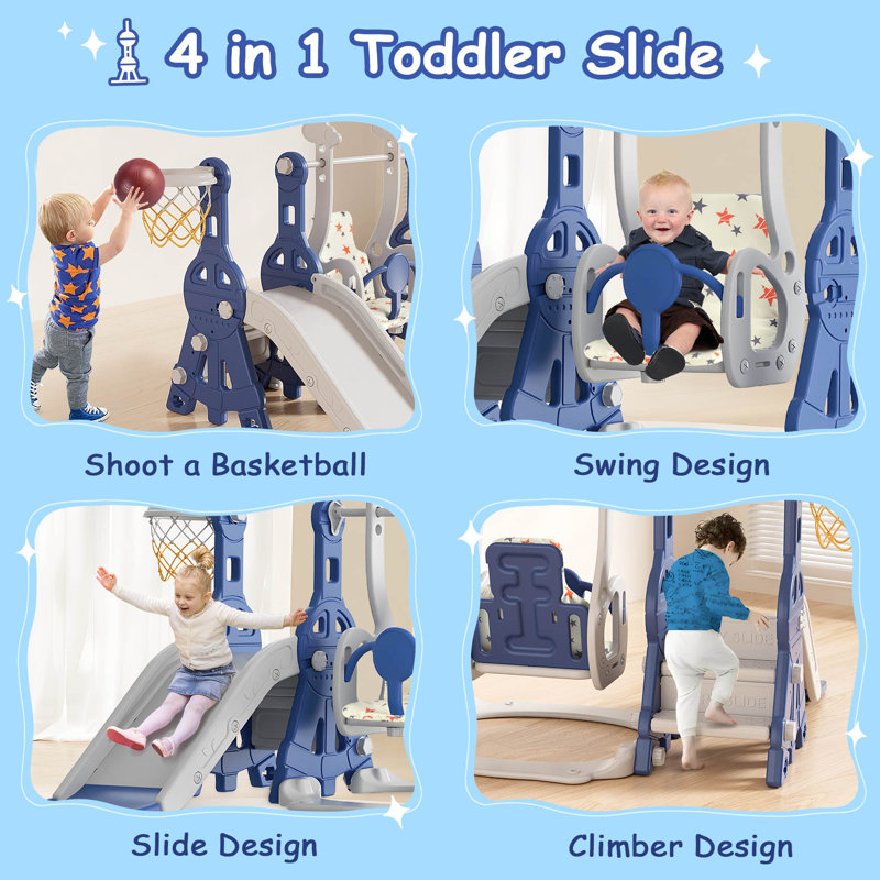 Blue and Gray 4-in-1 Toddler Slide and Swing Set