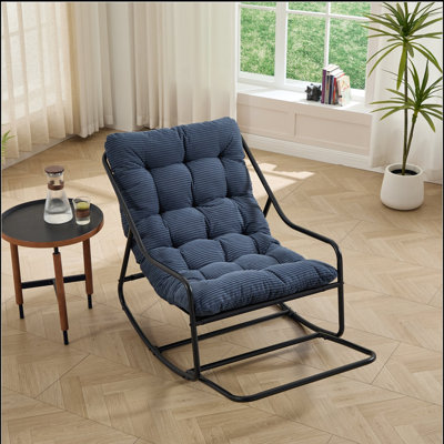 Chaise berçante d'extérieur, coussin confortable, avec coussin épais et doux, pour le salon, la chambre à coucher, la salle de lecture, structure noire avec coussin bleu marine