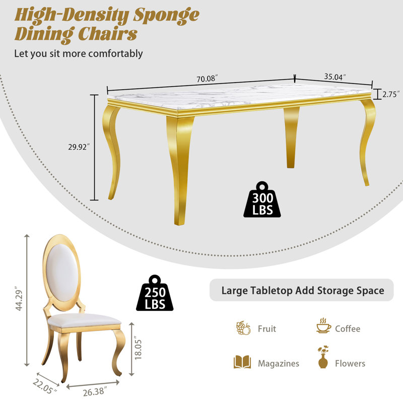 7-Piece Modern Dining Set with Faux Marble Table and  Upholstery Chairs – Seats 6, Stainless Steel Legs, White/Gold, Gold