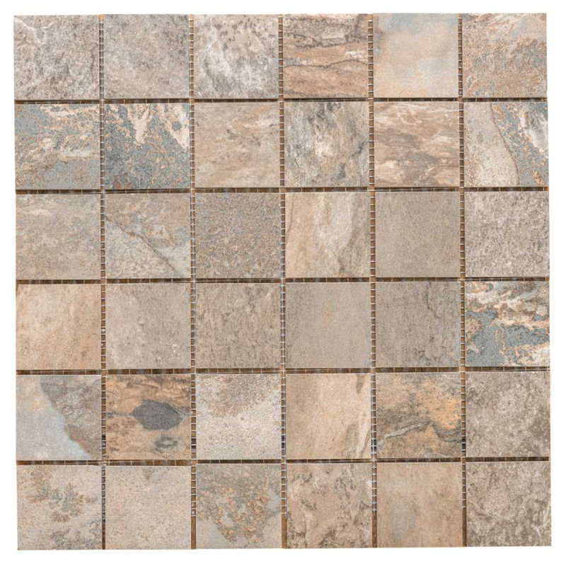 Carreau de mosaïque en porcelaine mat 2 "x 2" Wells Stone Slate, Brun multicolore
