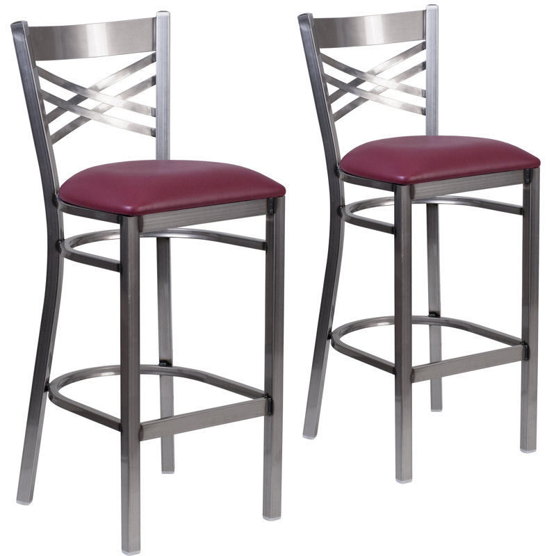 Ensemble de 2 tabourets de bar en métal avec revêtement en X, Argent, Bourgogne, 2