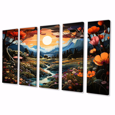«Yellow Enchanted Meadows Fantasy IV - Abstract Landscape», art mural 5 pièces pour le salon