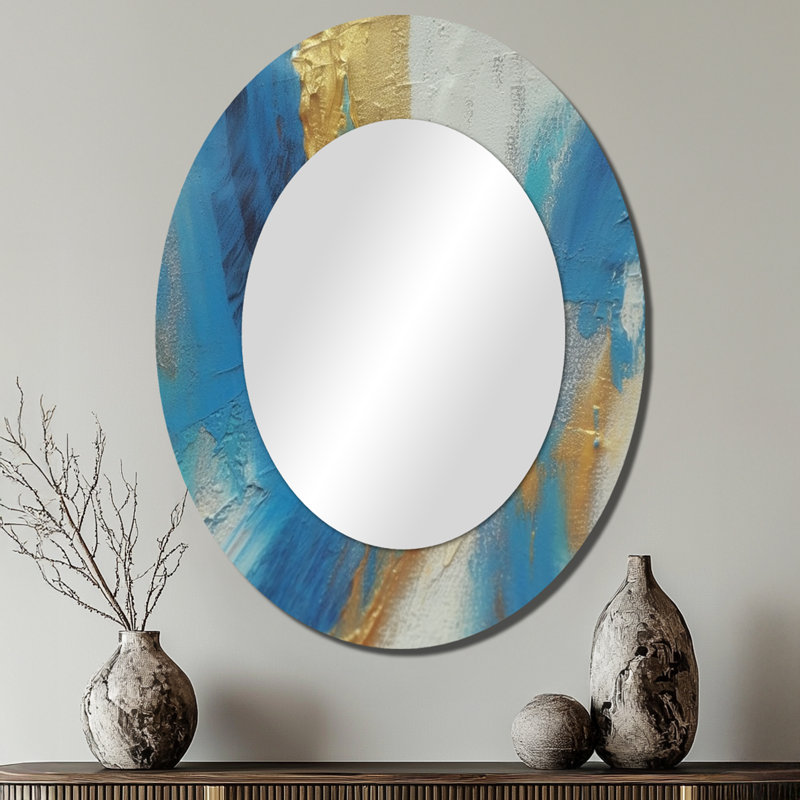 Sudden Sensuality - Turquoise abstrait et doré - Miroir décoratif abstrait ovale sur métal, 40 po x 30 po