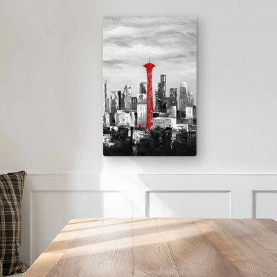 Space Needle in Red - Cities Building Metal Print for Home Decor