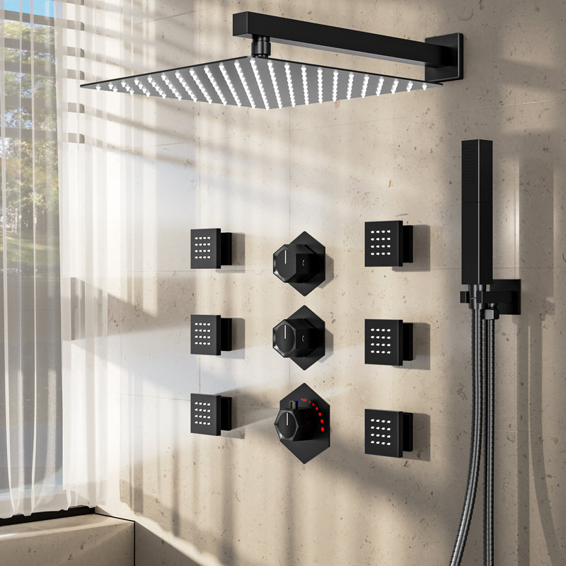 Pomme de douche à haute pression à fixation au mur 12 po avec douche à main et jets corporels Relaxajet, Noir mat