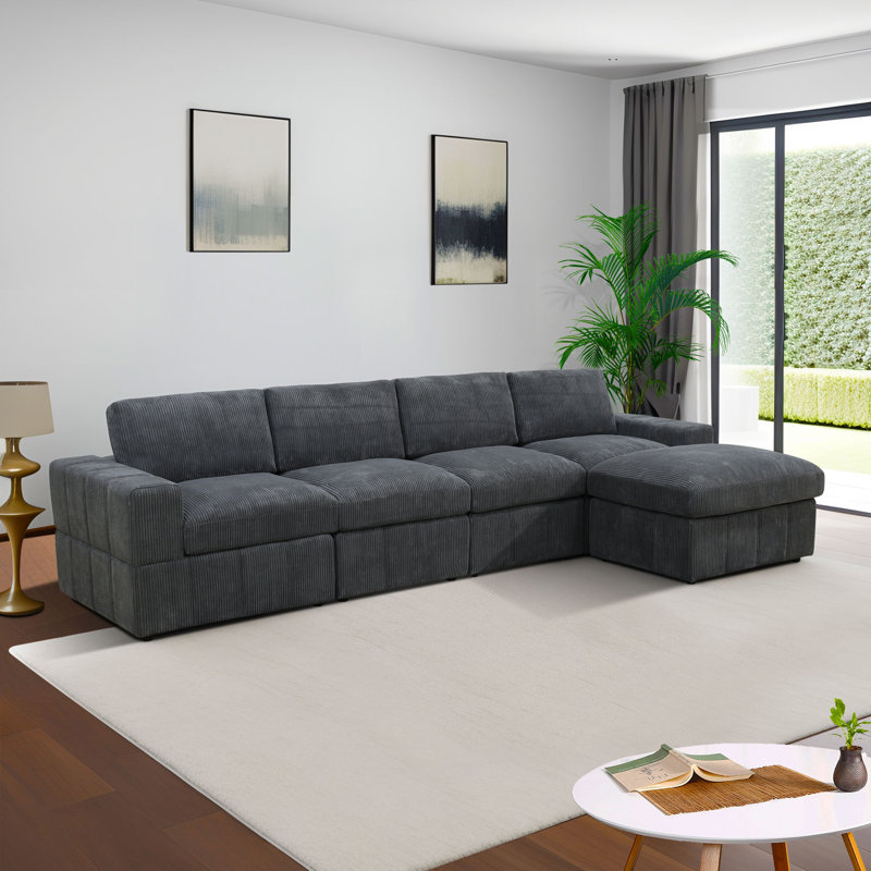 132" Wide 5- Piece Premium Corduroy Reversible Modular Living Room Sectional Sofa With Ottoman, Dark Gray Corduroy