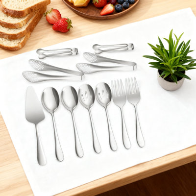 Ensemble d'ustensiles de service 11 pièces en acier inoxydable avec cuillères, fourchettes, pinces et desserte à tarte pour l'hôtellerie de banquet