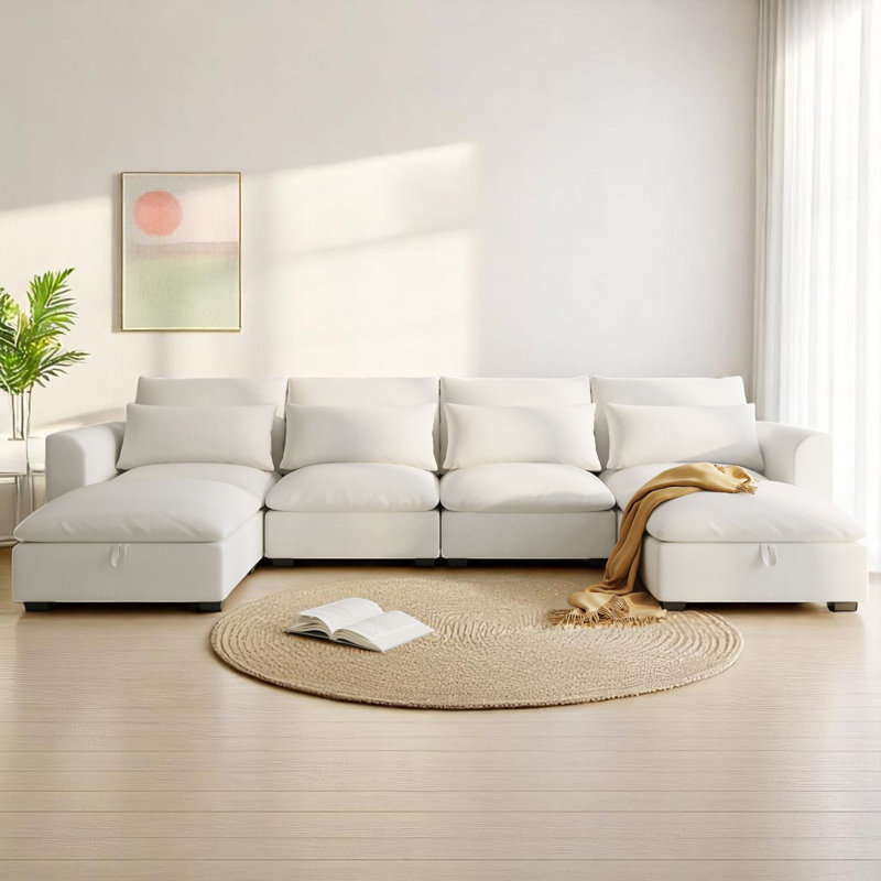 6 - Piece Upholstered Sectional, Beige Polyester/Linen Blend