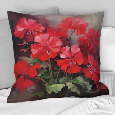 Coussin décoratif imprimé floral rouge vert et géraniums II