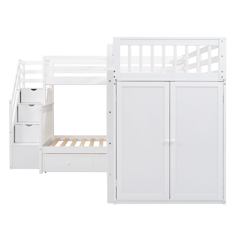 Lit superposé simple en L avec 3 tiroirs, bureau portable et garde-robe, blanc