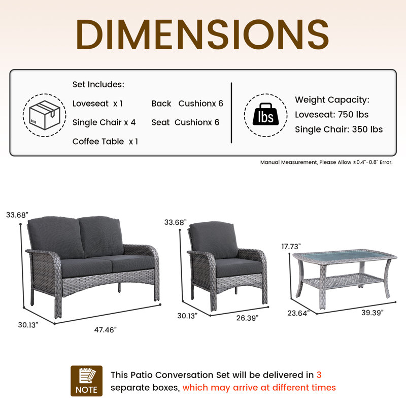 Ensemble de conversation avec coussins pour 6 personnes, Noir