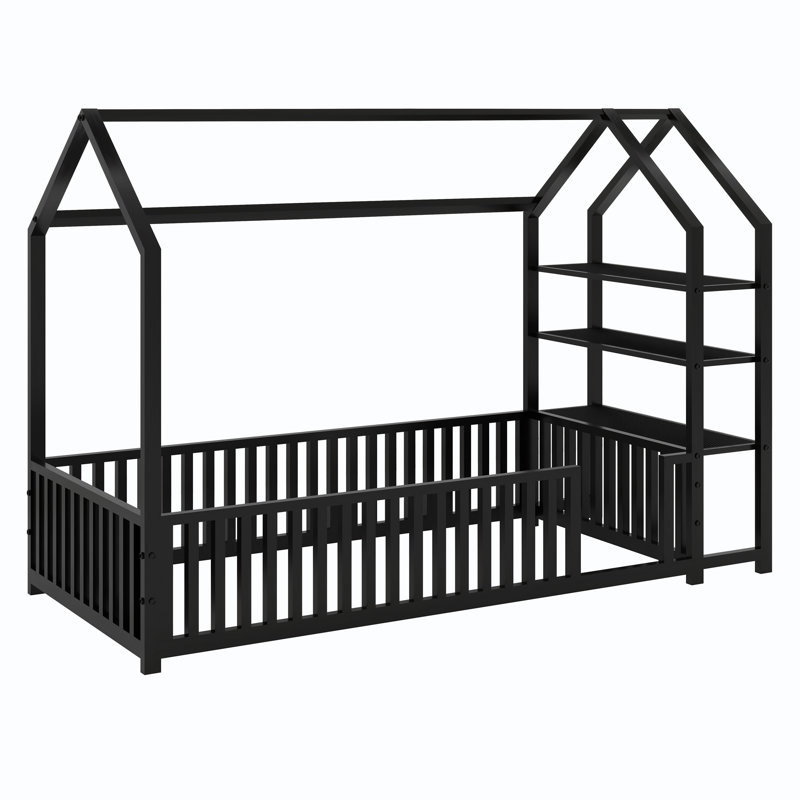 Metal House Bed With Detachable Shelves, Twin