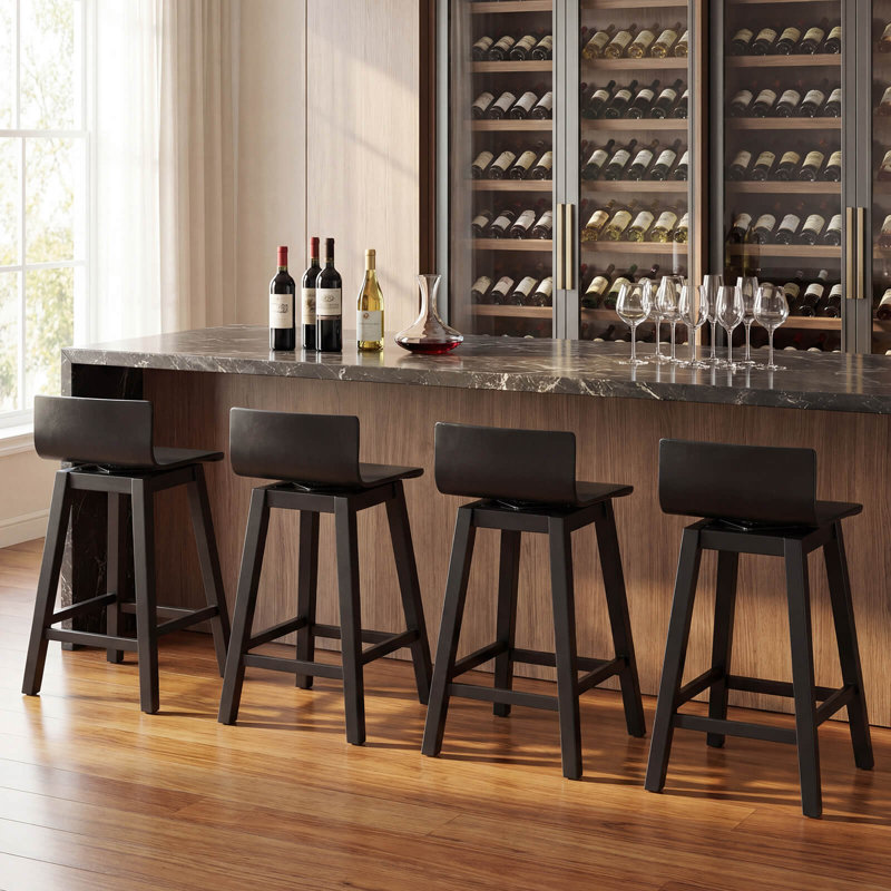24.5" Counter Height Bar Stools Set of 4 w/ Footrest Solid Rubber Wood Legs, 4, Black