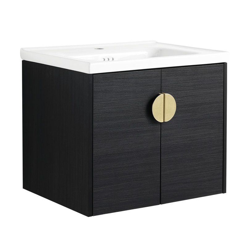 Meuble-lavabo mural avec lavabo en céramique, 24 po, châtaignier noir, style moderne, rangement à 2 portes, poignée en métal robuste pour petit lavabo de 24 po, connaissance en châtaignier, vaste choix de rangement pour