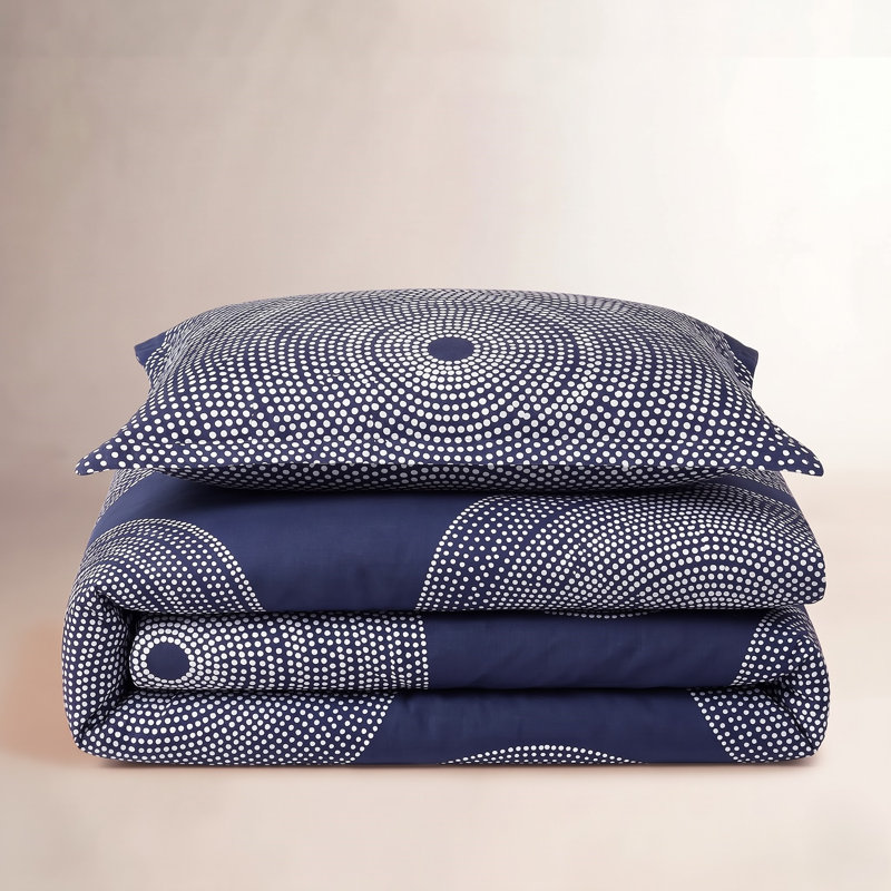 Marimekko Ojakellukka Cotton Reversible Duvet Cover Set, Housse de couette simple + 1 taie décorative stan, Bleu marine/blanc