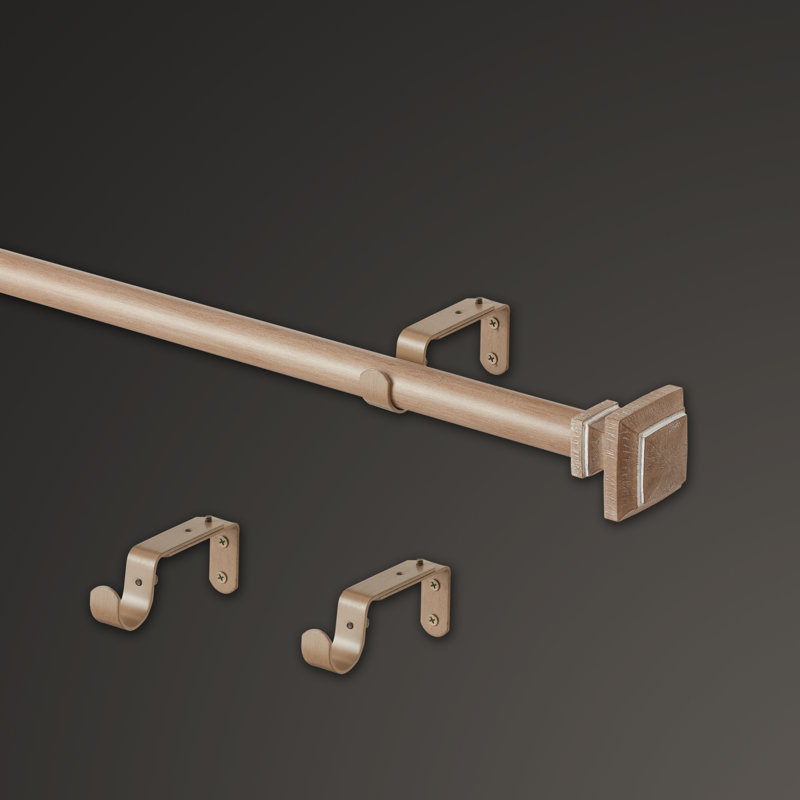 Weathered Oak Farmhouse Adjustable Curtain Rod Set with Square Finials