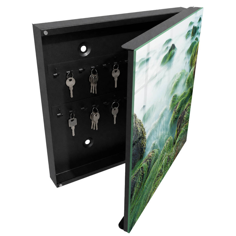 Key storage box, Opens to the right, 30x30x5, White, Green rocks and a calm sea without fog, 